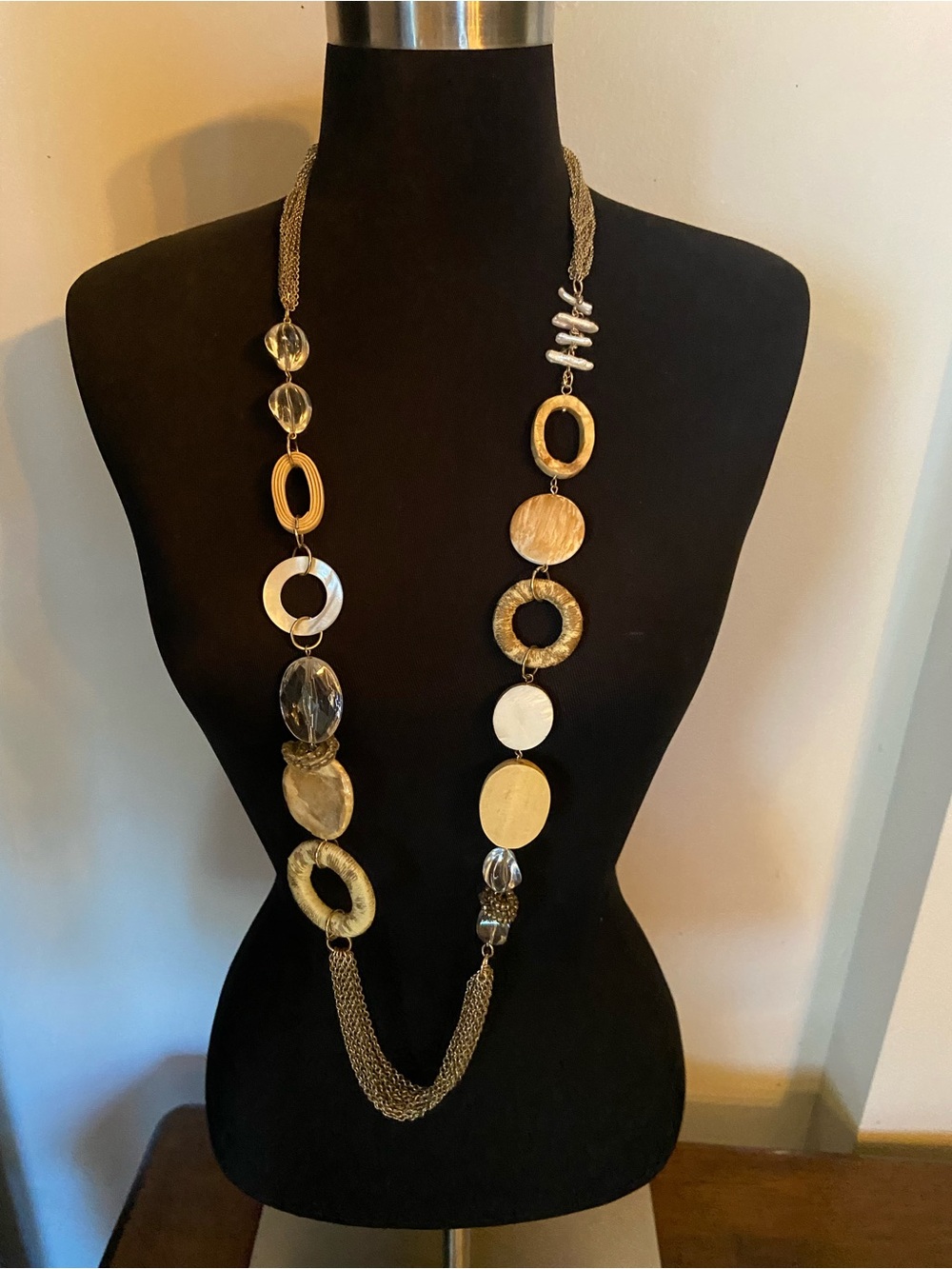 Chico's Long Mixed-Material Necklace in Gold and Cream